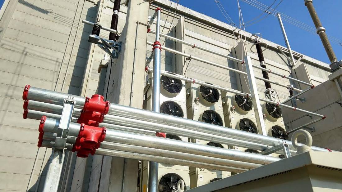 Válvulas de governo e alarme do sistema de sprinklers e tubulação galvanizada com acoplamentos ranhurados